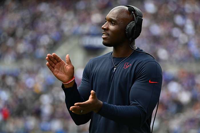 Texans head coach DeMeco Ryans looks on against the Baltimore Ravens during the first half at M&T Bank Stadium.